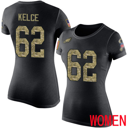 Women Philadelphia Eagles #62 Jason Kelce Black Camo Salute to Service NFL T Shirt